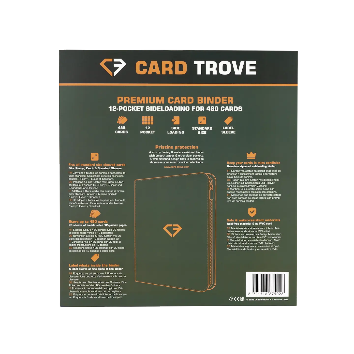 12-Pocket Card Binder Green back cover showing details and features for storing 480 standard trading cards.