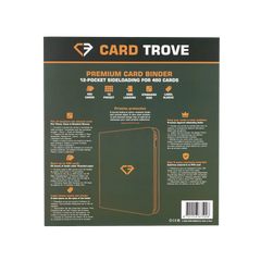 12-Pocket Card Binder Green back cover showing details and features for storing 480 standard trading cards.