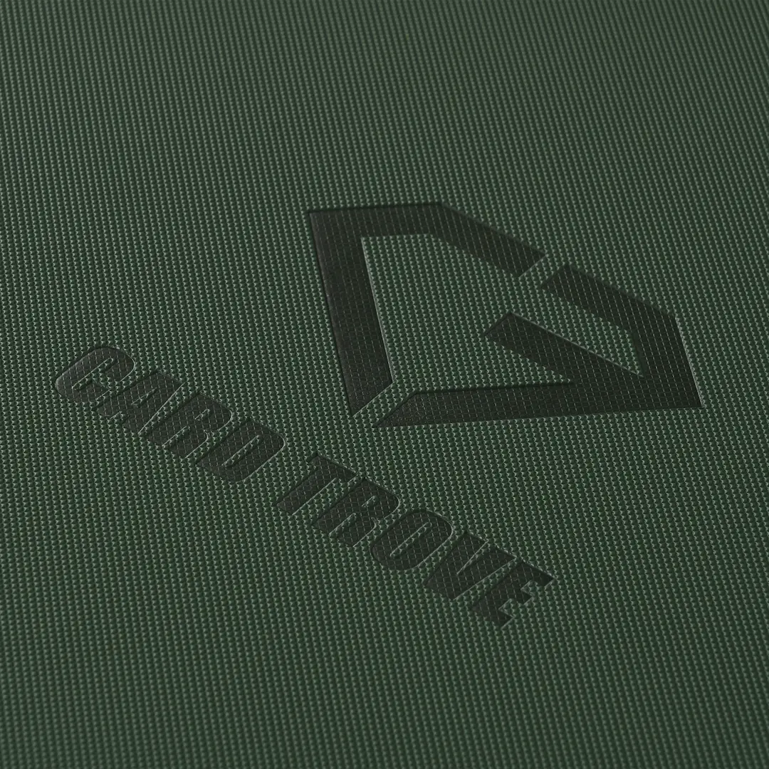 12-Pocket Card Binder Green with textured surface and CARD TROVE logo, designed for trading cards storage.