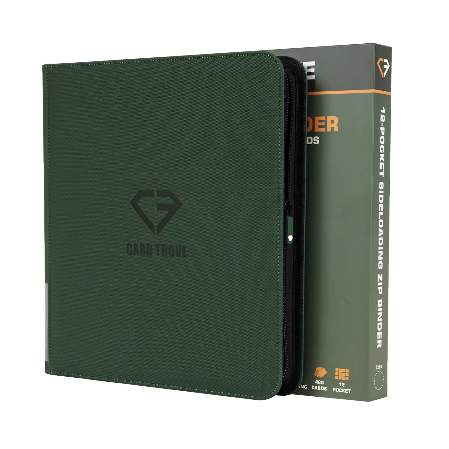 12-Pocket Card Binder Green with zipper closure, designed for 480 standard trading cards, splash-resistant finish.