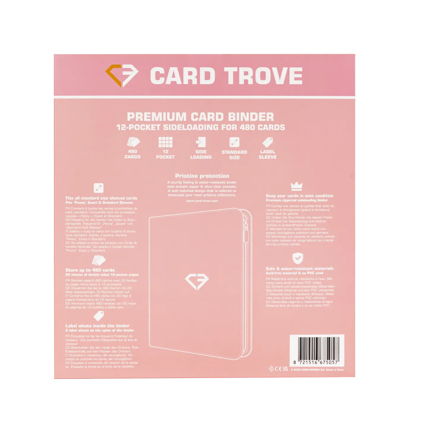 12 Pocket Card Binder Pink premium card binder for 480 standard trading cards with sideloading compartments.