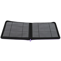Open view of a 12-Pocket Card Binder Purple, showcasing slots for standard trading cards.