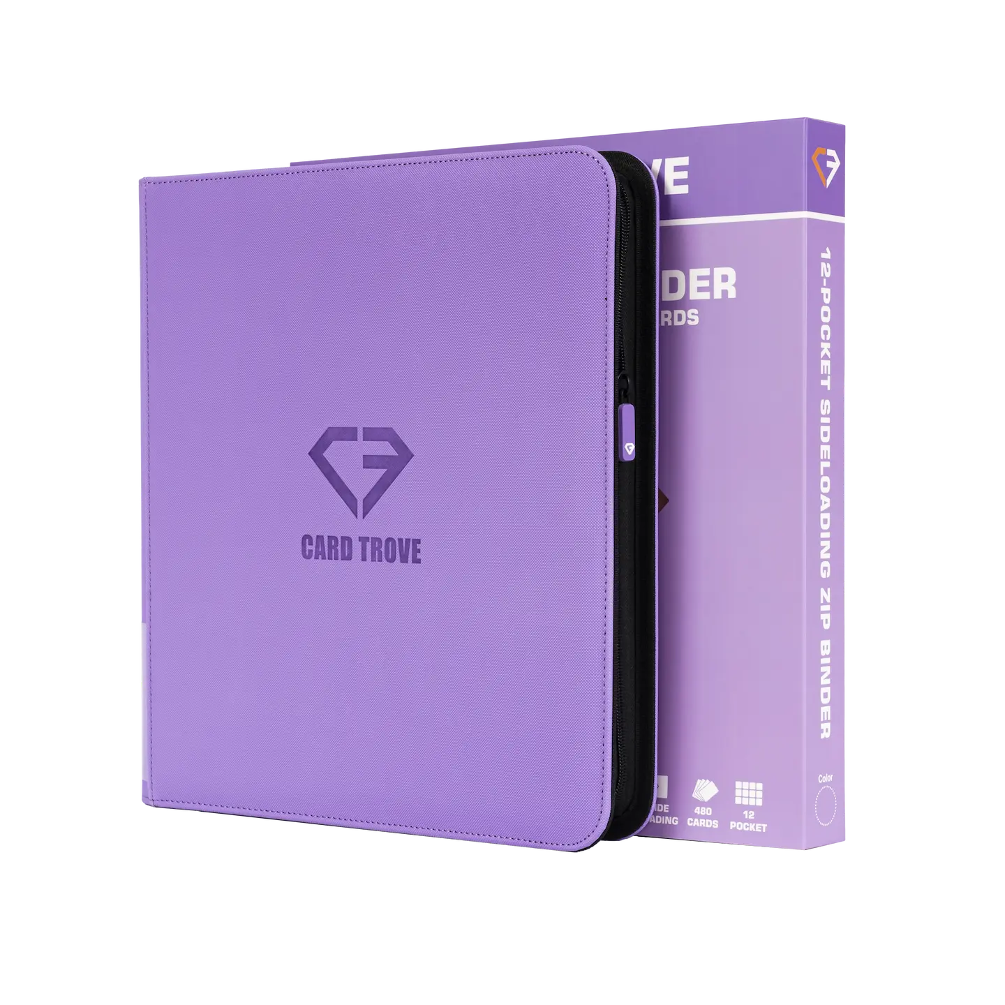 12-Pocket Card Binder Purple shown with a vibrant purple cover and secure zipper, perfect for standard trading cards.
