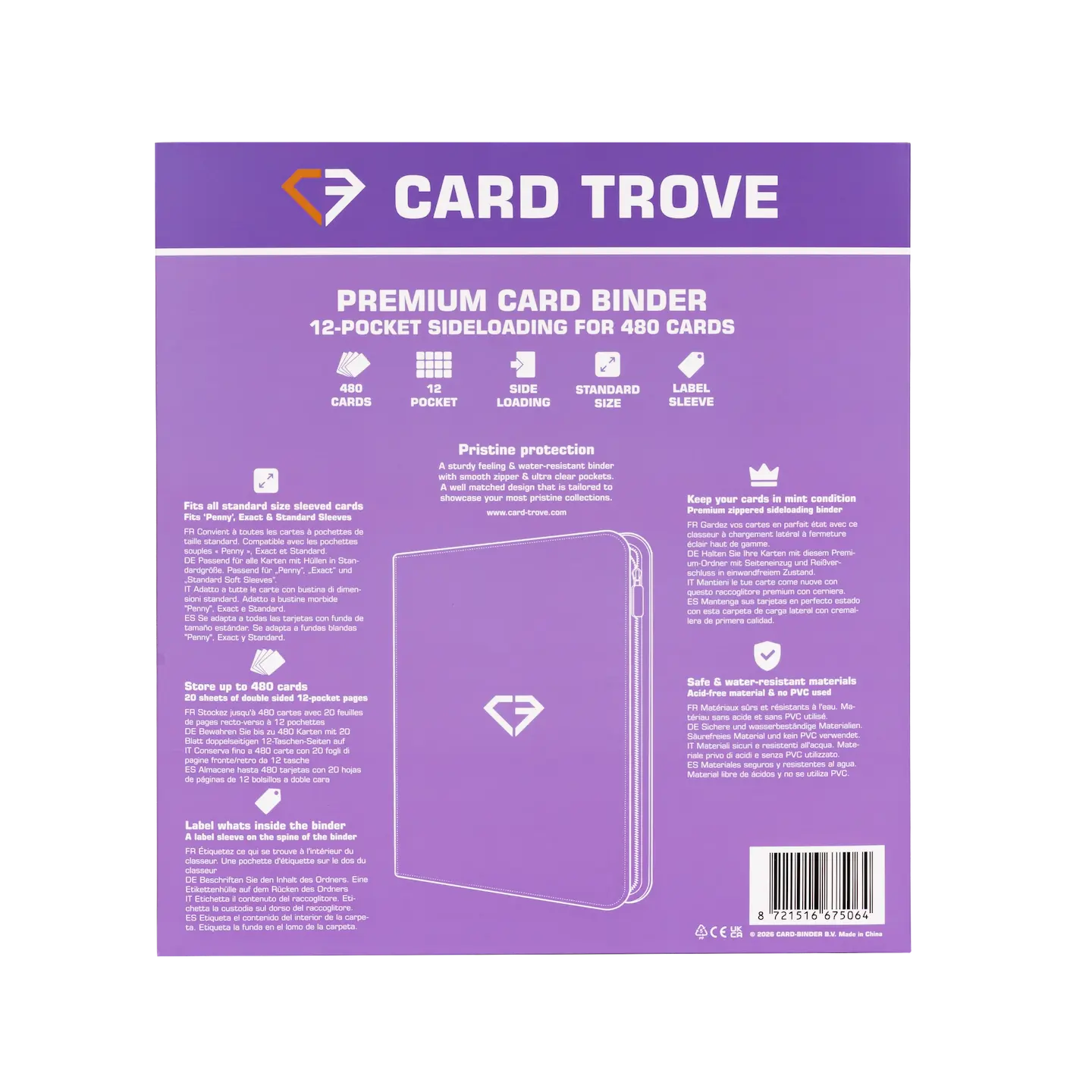 12-Pocket Card Binder Purple back cover showcasing features and storage capacities for trading cards.