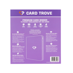 12-Pocket Card Binder Purple back cover showcasing features and storage capacities for trading cards.