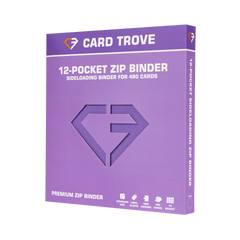 12-Pocket Card Binder Purple packaging showing a premium zip binder designed for 480 standard trading cards.