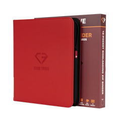 12-Pocket Card Binder Red for storing 480 trading cards, splash resistant, ultra-clear compartments, smooth zipper.