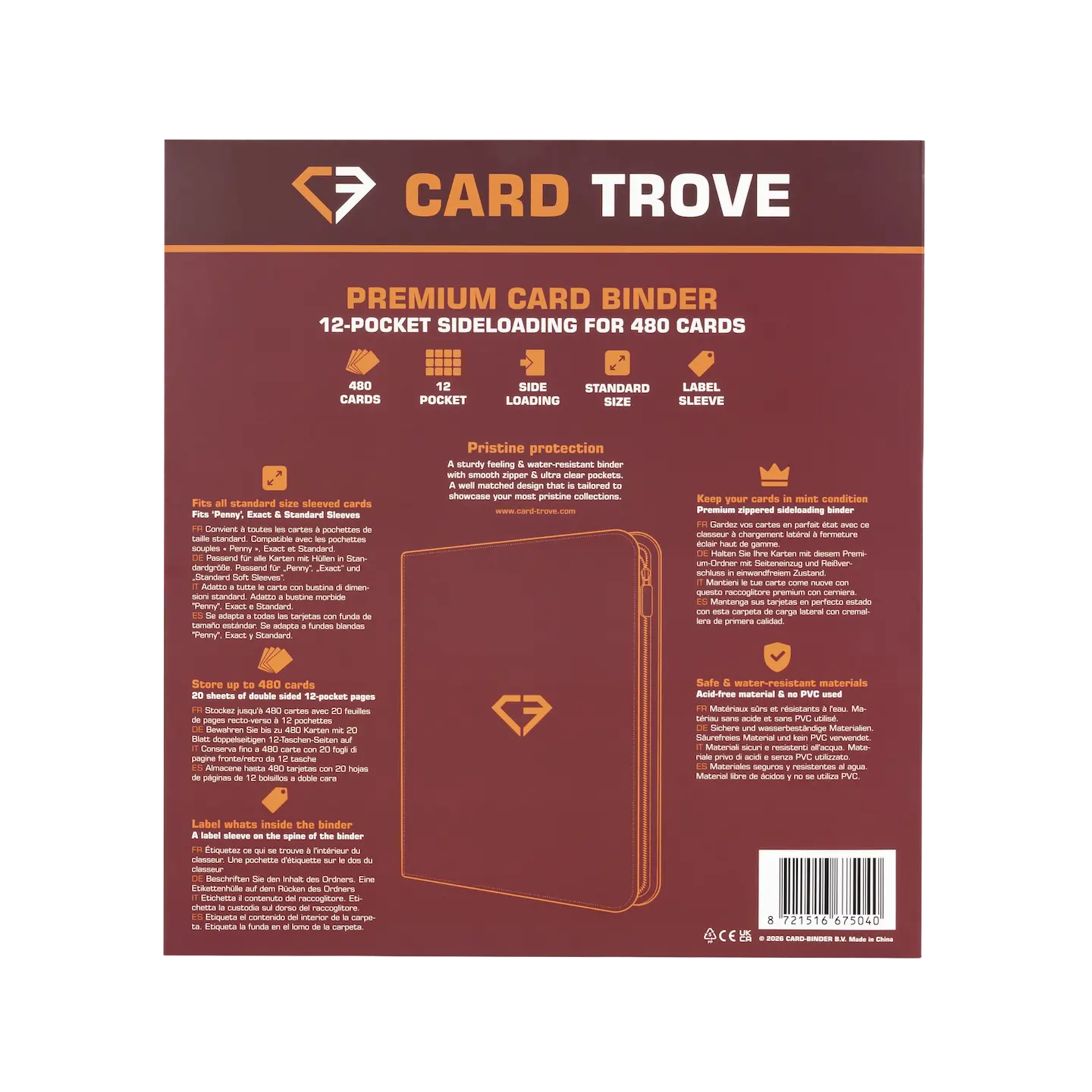 12-Pocket Card Binder Red back cover showcasing features and specifications for storing 480 trading cards.