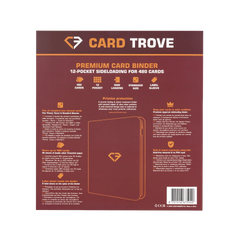 12-Pocket Card Binder Red back cover showcasing features and specifications for storing 480 trading cards.