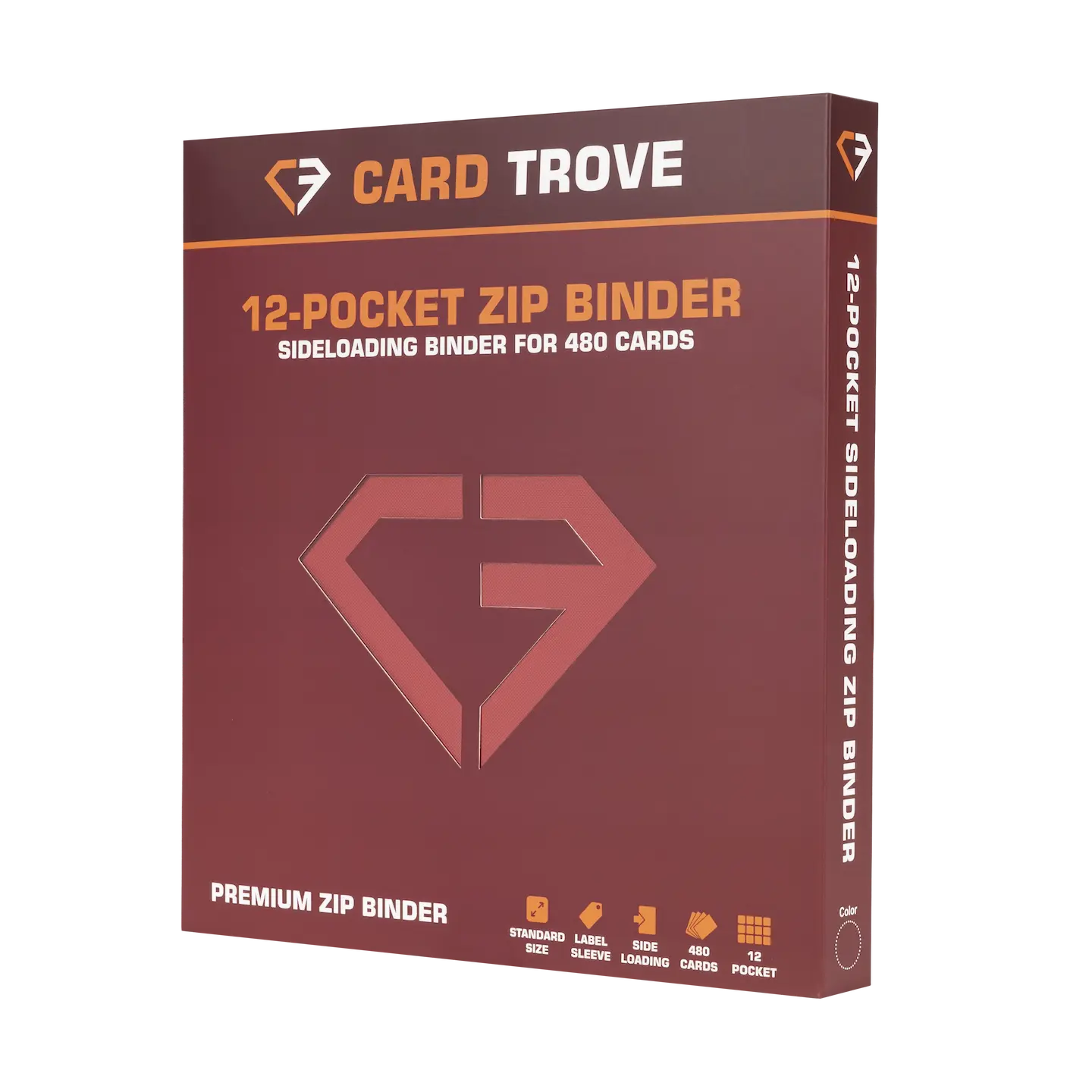 12-Pocket Card Binder Red packaging showcasing a premium zip binder for 480 cards with sideloading compartments.