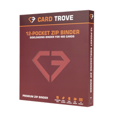 12-Pocket Card Binder Red packaging showcasing a premium zip binder for 480 cards with sideloading compartments.
