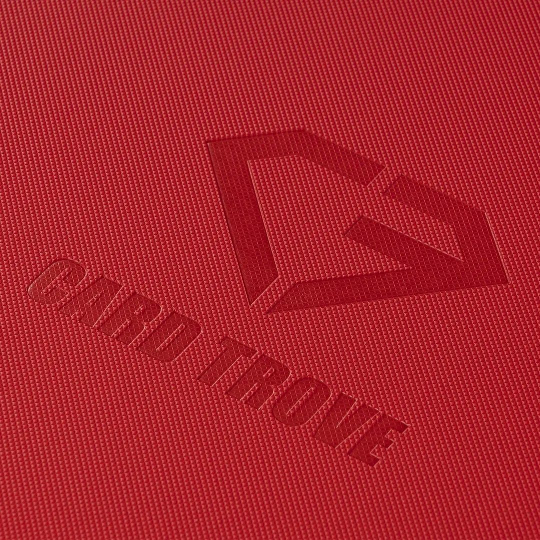 12-Pocket Card Binder Red textured surface with embossed Card Trove logo, showing high-quality material and design.