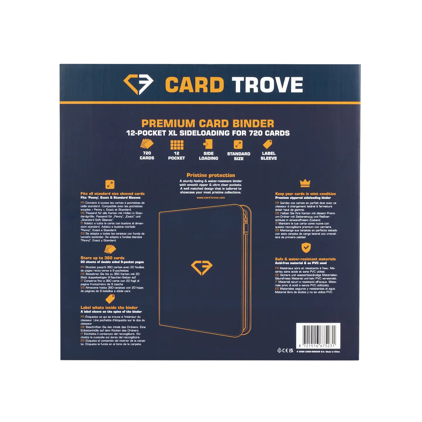 12-Pocket XL Card Binder Blue back packaging showcasing features and card storage options.