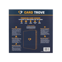 12-Pocket XL Card Binder Blue back packaging showcasing features and card storage options.