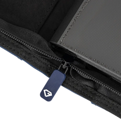 Close-up of the zipper of a 12-Pocket XL Card Binder Blue showcasing quality craftsmanship and durable materials.