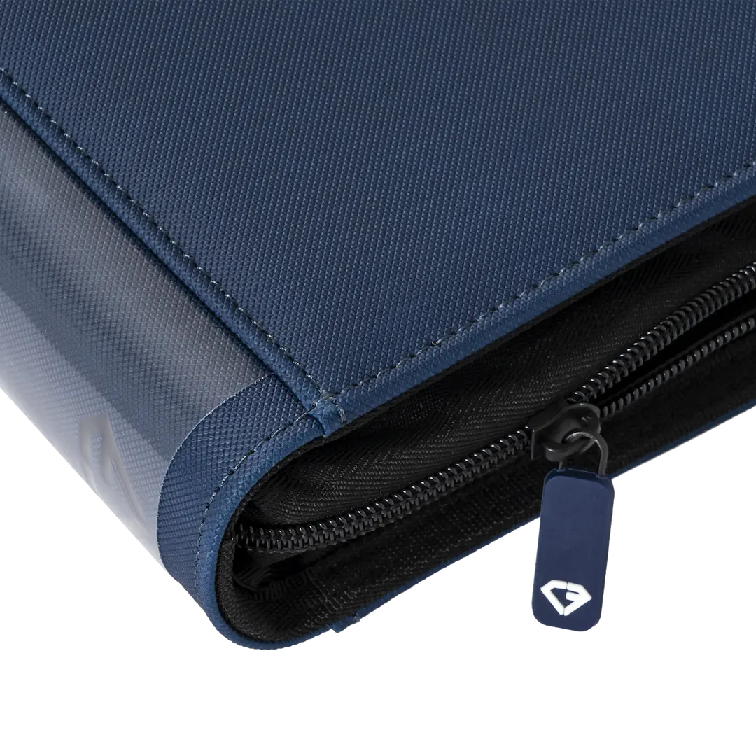 Close-up of the durable 12-Pocket XL Card Binder Blue featuring a smooth zipper and quality finish.