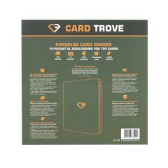 12-Pocket XL Card Binder Green packaging showing features and specifications for storing 720 standard trading cards.