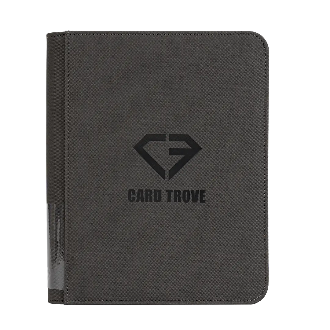 4-Pocket Toploader Card Binder Grey, sturdy card storage for 112 standard toploaders, splash resistant design.