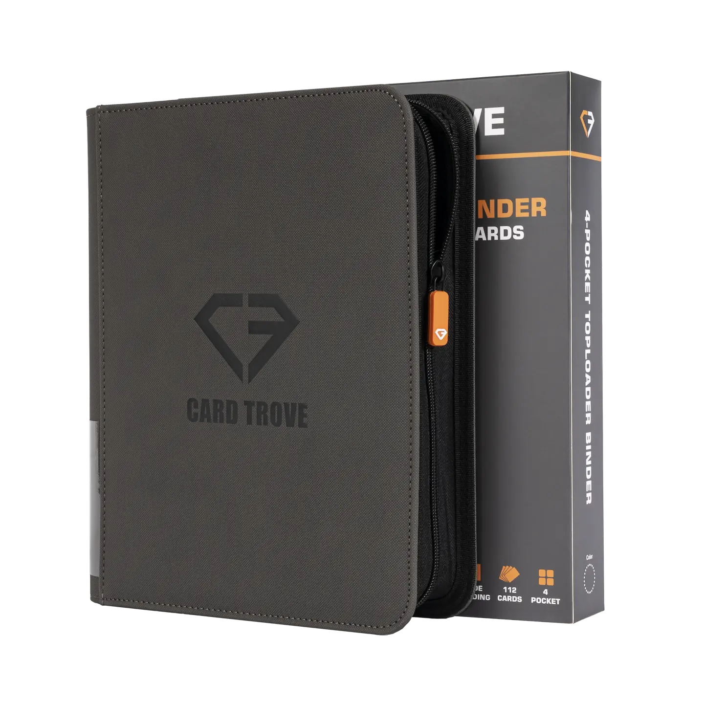 4-Pocket Toploader Card Binder Grey, durable binder for 112 standard toploaders, splash resistant with zipper.