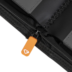 Close-up of the zipper on the 4-Pocket Toploader Card Binder Grey, showcasing its smooth operation and quality design.