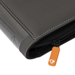 4-Pocket Toploader Card Binder Grey zippered pocket and quality fabric detail for card storage.