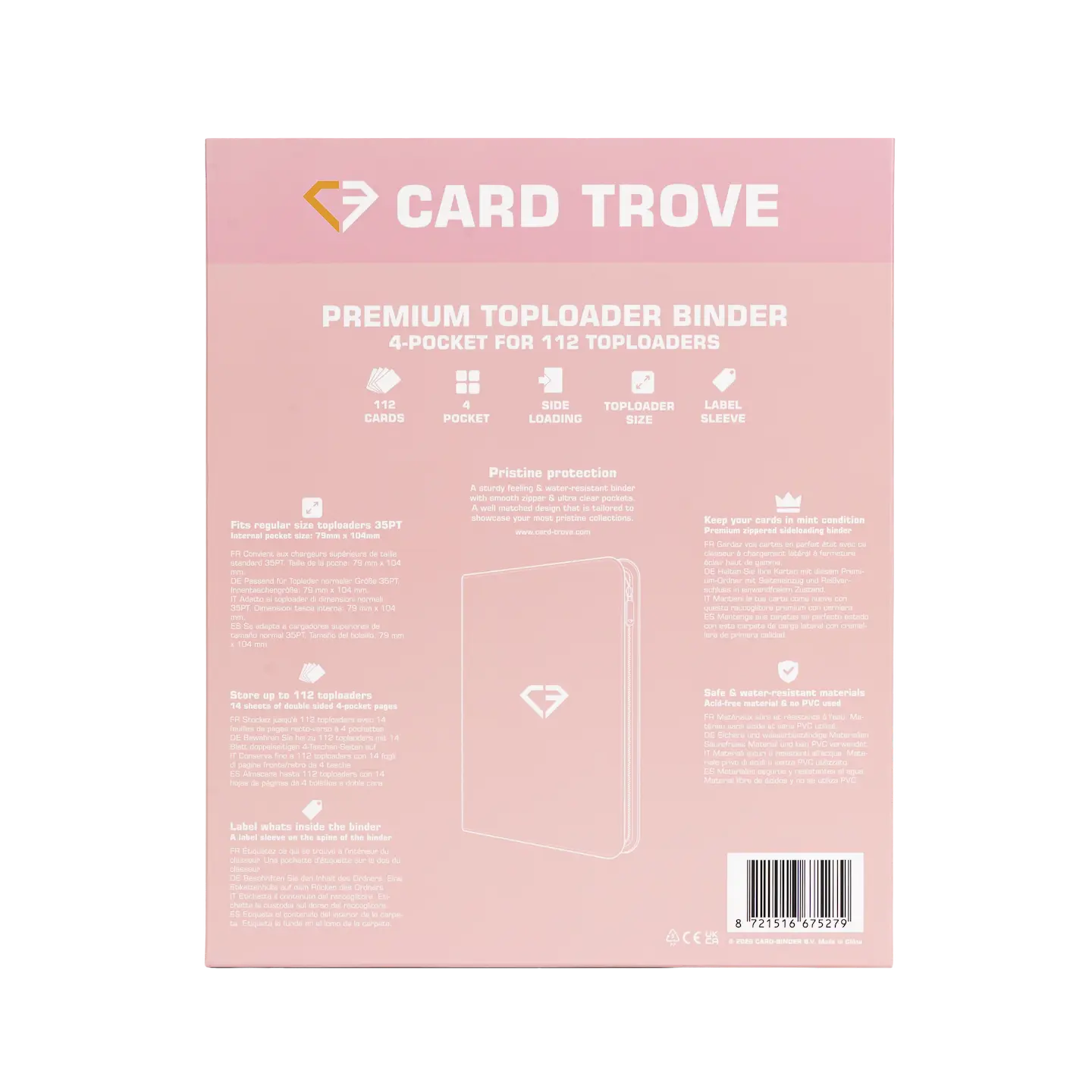 4-Pocket Toploader Card Binder Pink back view showcasing premium features for 112 standard top loaders.
