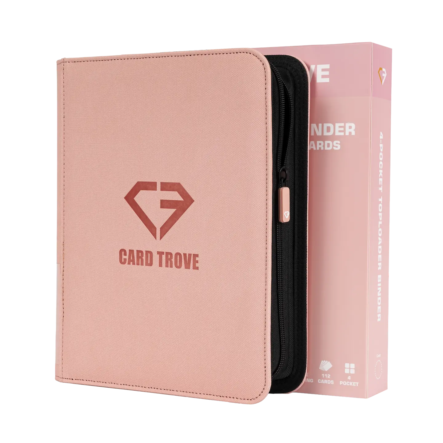 4-Pocket Toploader Card Binder Pink with zipper and packaging, designed for 112 standard toploaders