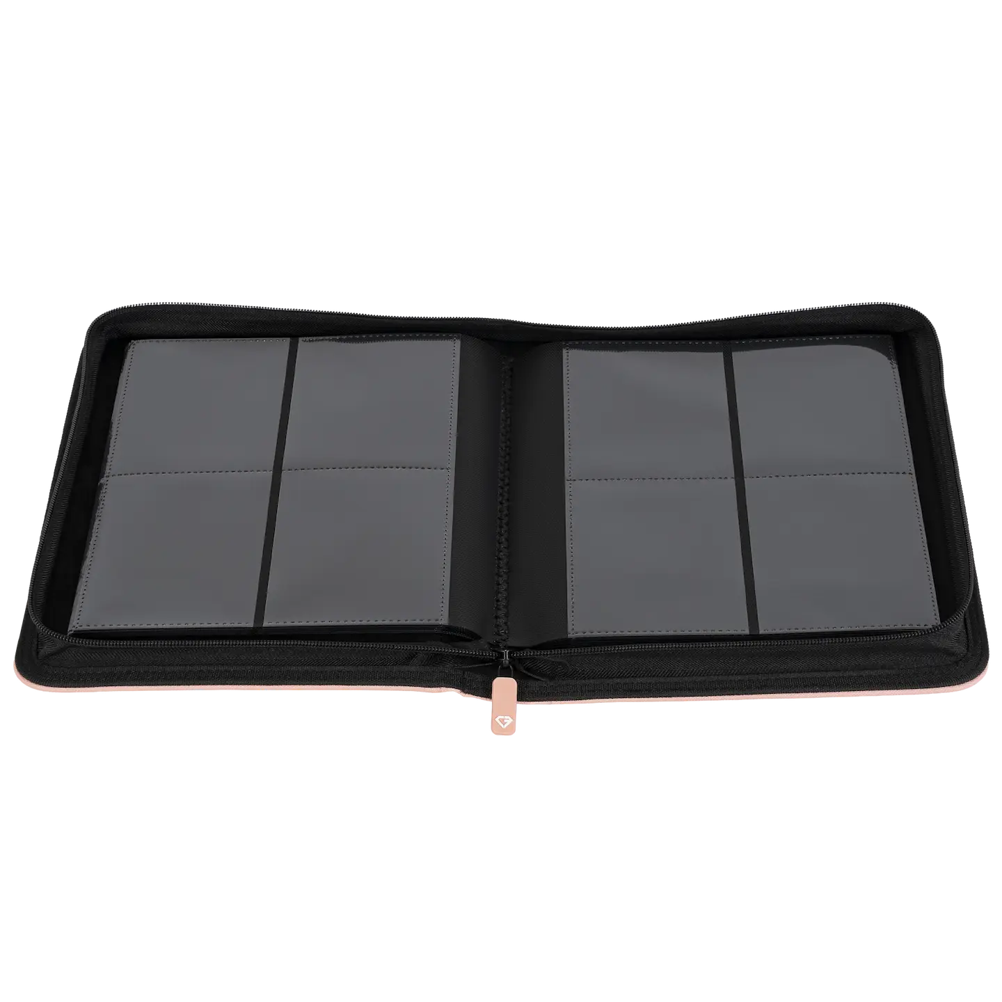 Open view of 4-Pocket Toploader Card Binder Pink with grey compartments for storing trading cards.