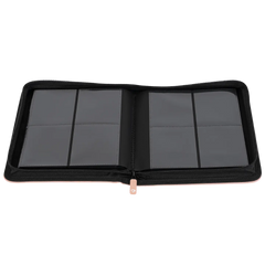 Open view of 4-Pocket Toploader Card Binder Pink with grey compartments for storing trading cards.