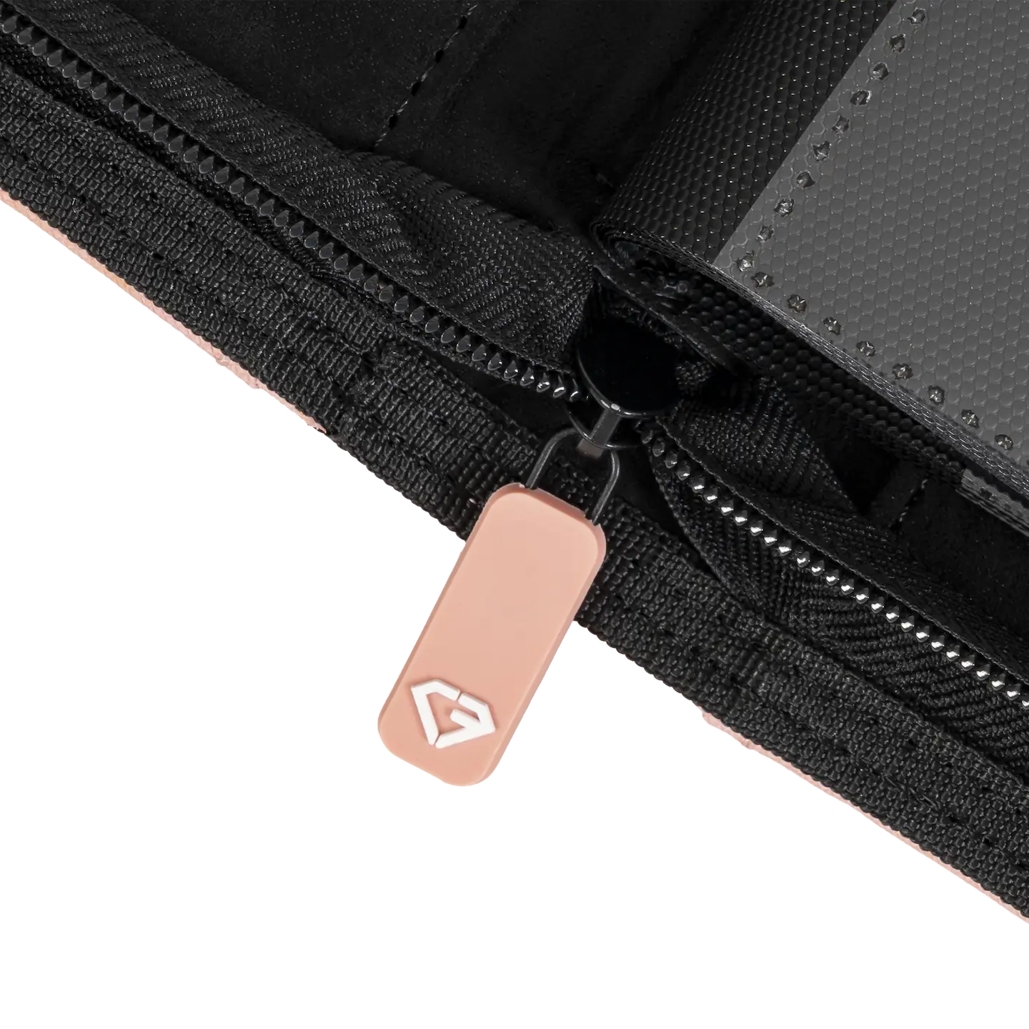 Close-up of the zipper pull on the 4-Pocket Toploader Card Binder Pink for secure card storage.