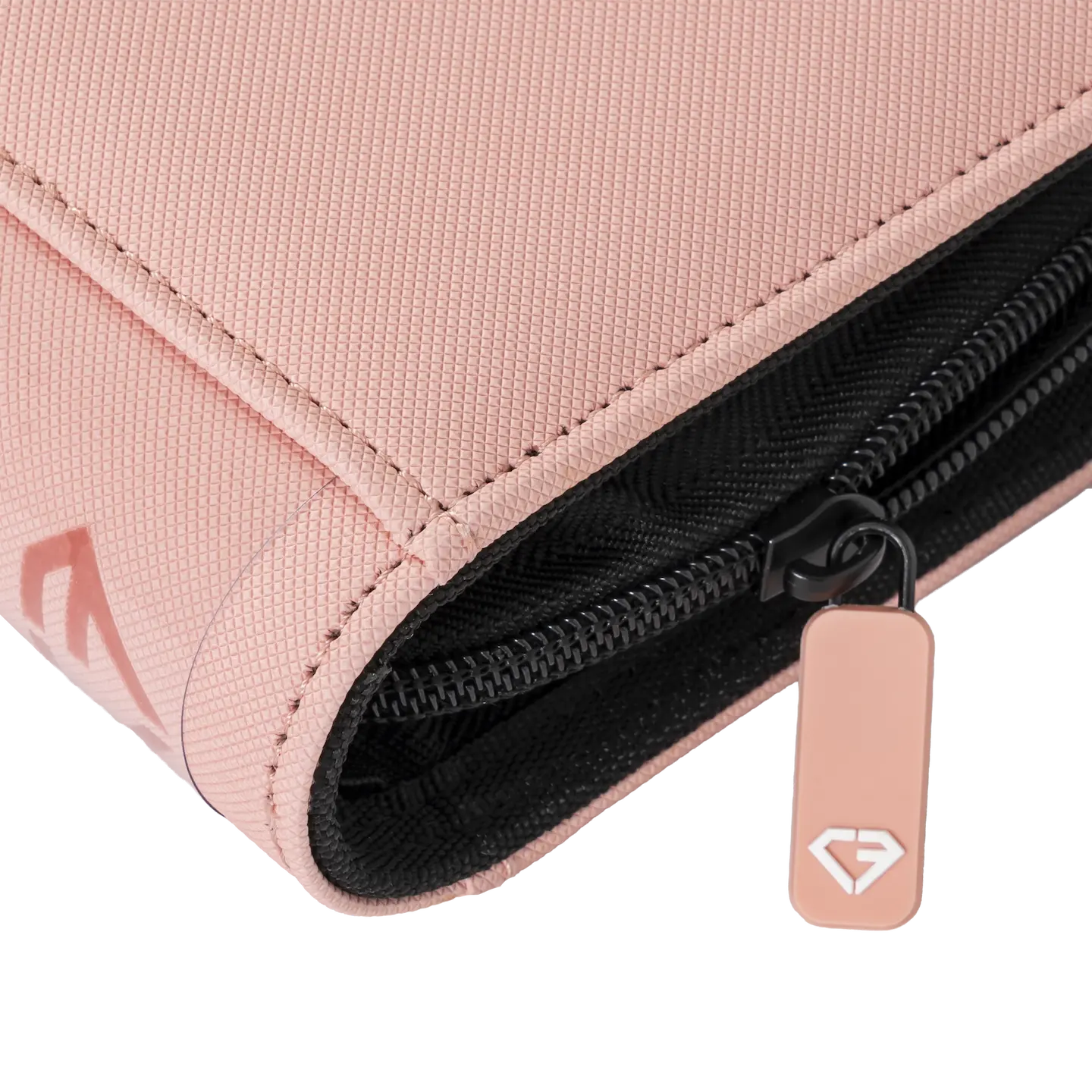 Close-up of the zipper and texture of the 4-Pocket Toploader Card Binder Pink in a sturdy design.