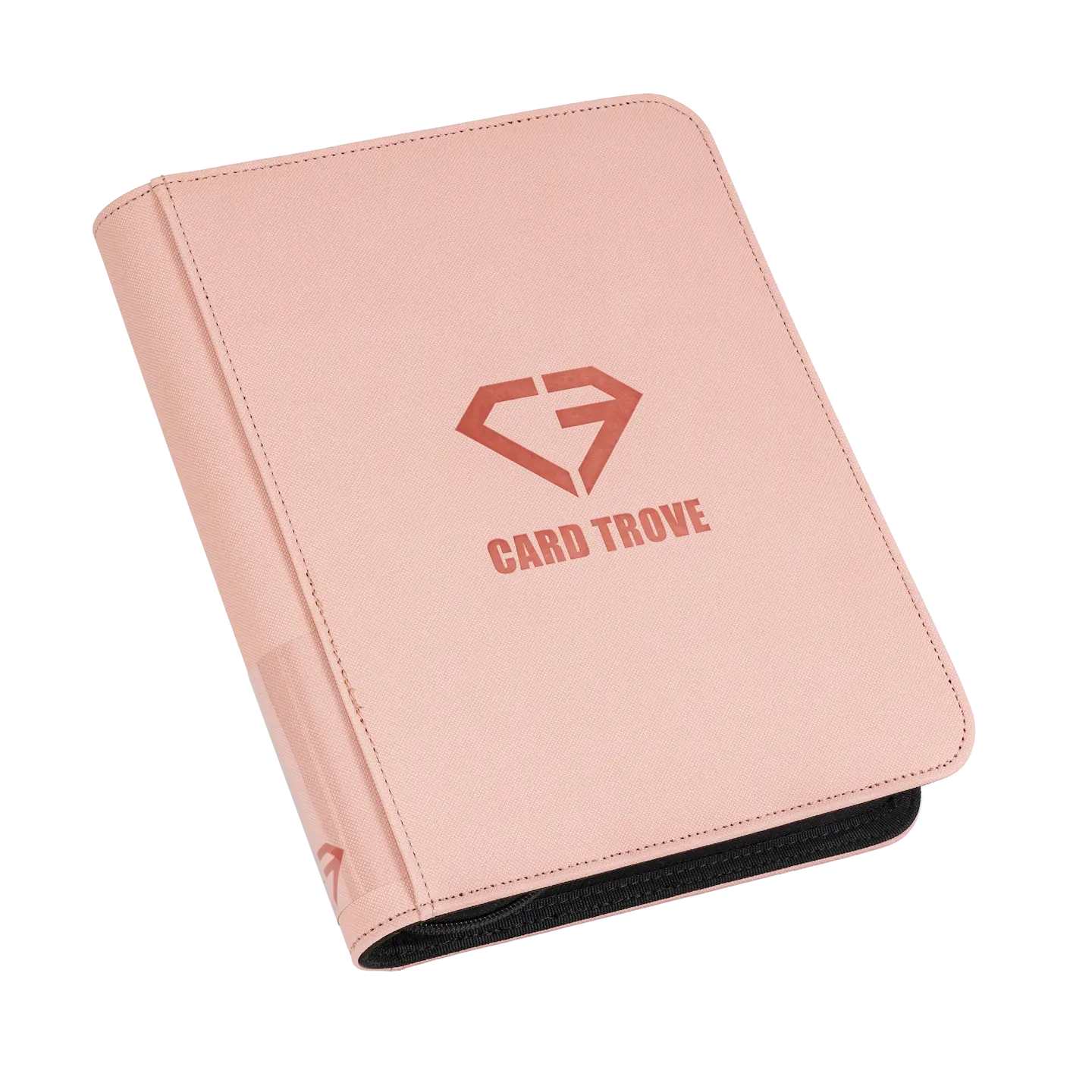 4-Pocket Toploader Card Binder Pink with ultra clear compartments and smooth zipper for secure storage.