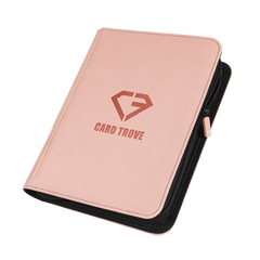 4-Pocket Toploader Card Binder Pink designed for storing up to 112 standard size trading cards with zipper closure.