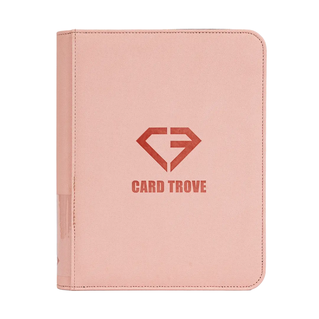 4-Pocket Toploader Card Binder Pink in a vibrant pink finish with logo and smooth zipper for secure storage.