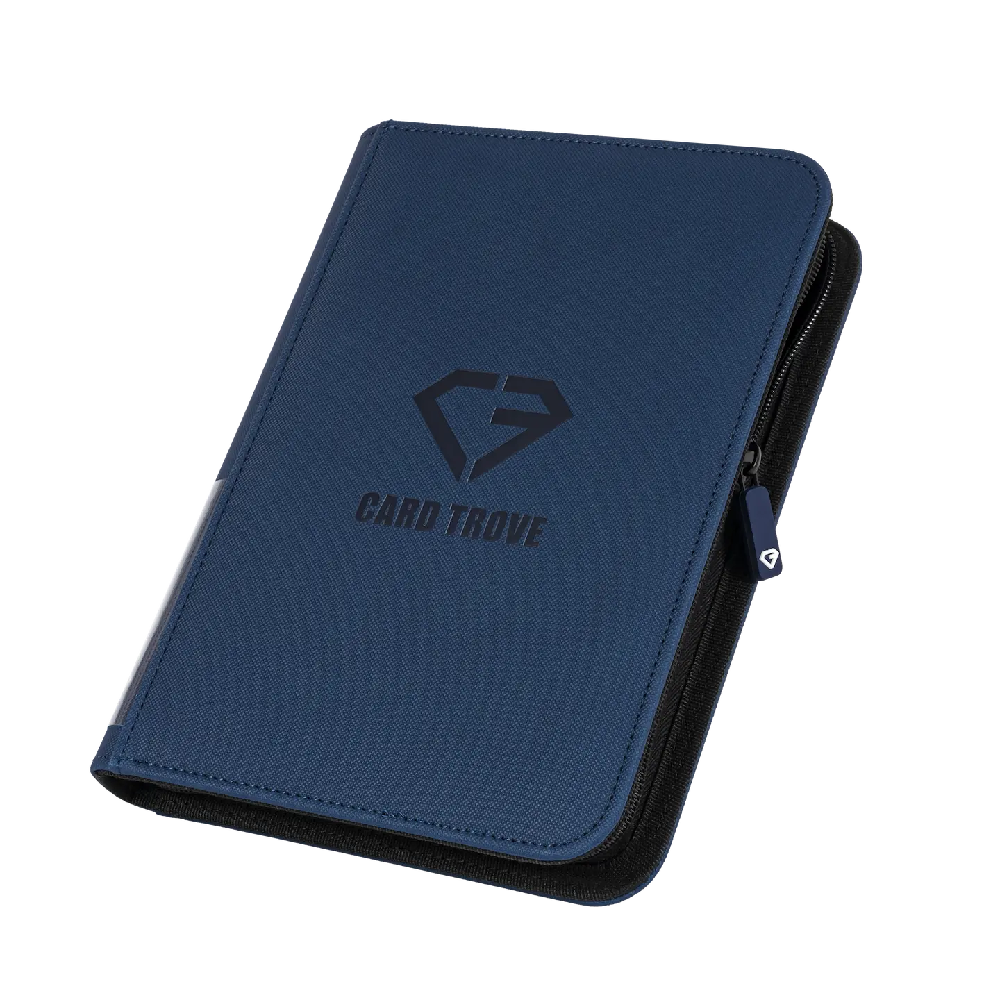 4-Pocket Card Binder Blue for storing 160 standard trading cards, durable zippered card case with splash resistant surface.