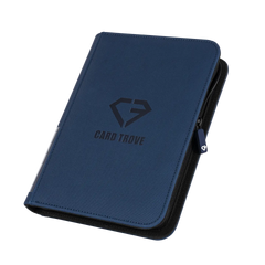 4-Pocket Card Binder Blue for storing 160 standard trading cards, durable zippered card case with splash resistant surface.