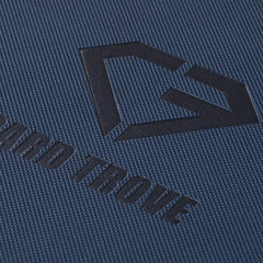 4-Pocket Card Binder Blue close-up with logo detail on premium textured surface.