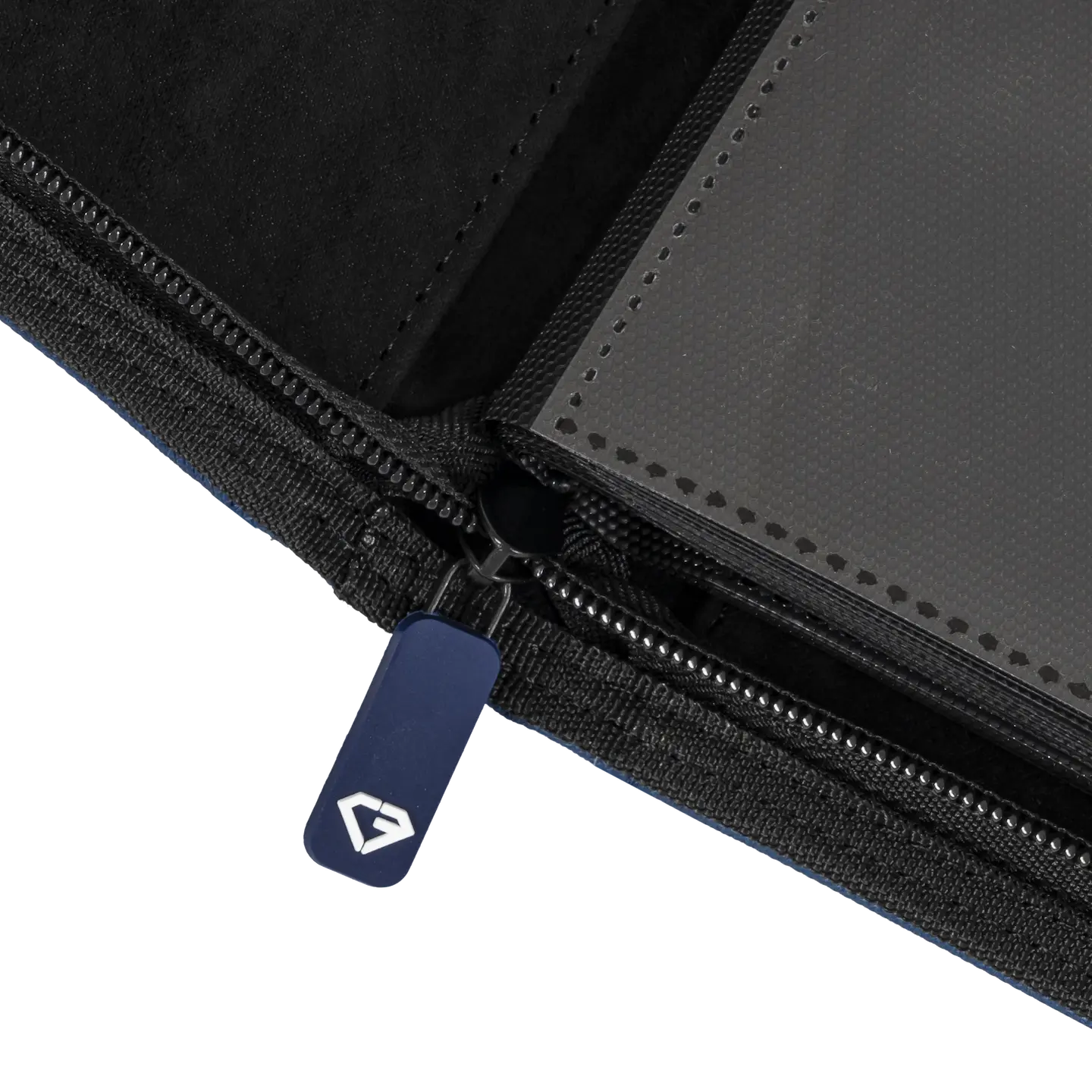 Interior view of the 9-Pocket Card Binder Blue showing smooth zipper and sideloading compartments.