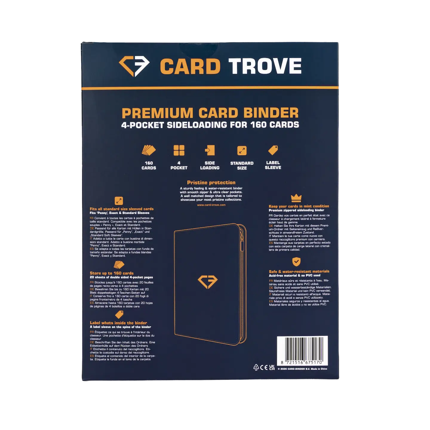 Back view of 4-Pocket Card Binder Blue with details for 160 standard trading cards.