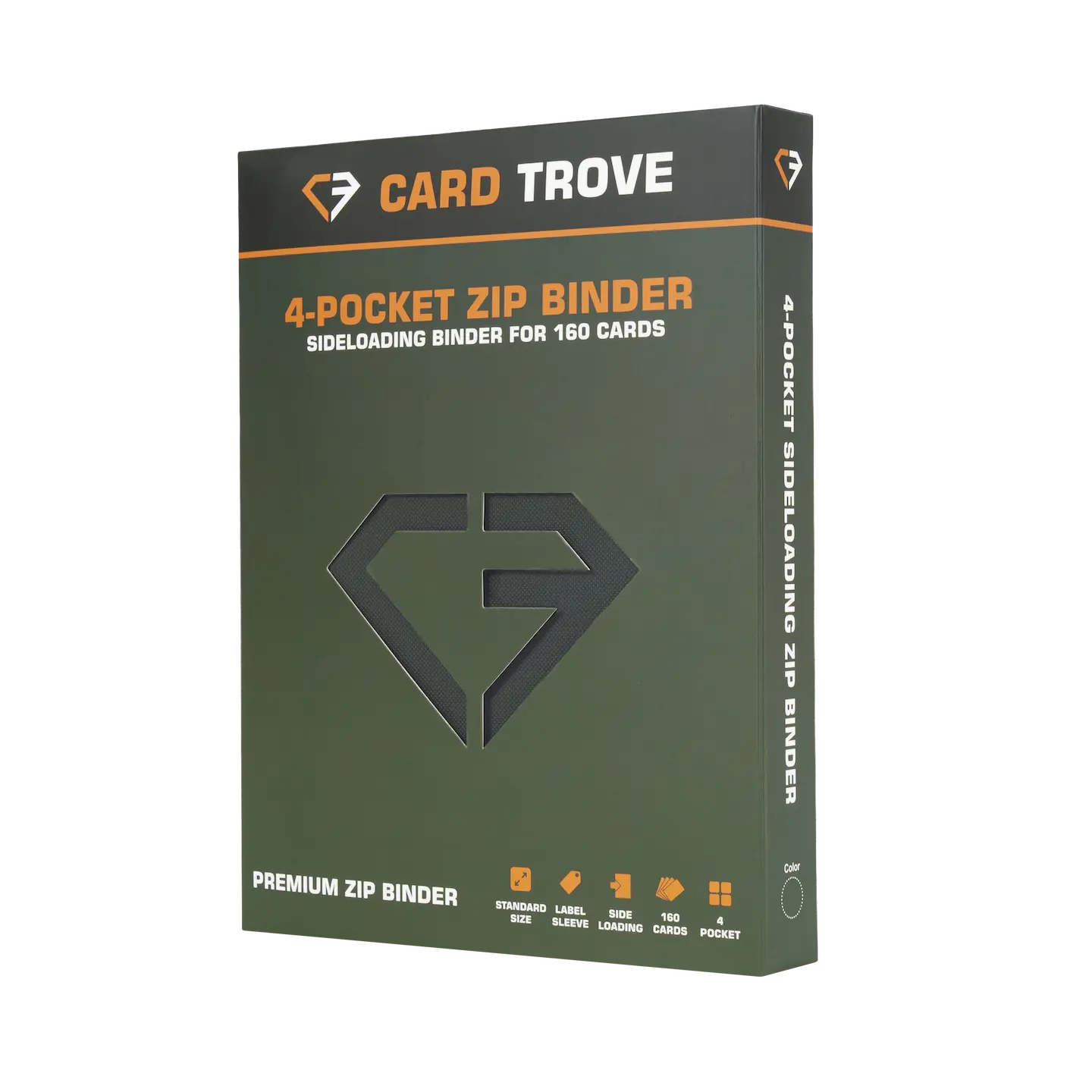 4-Pocket Card Binder Green, premium zip binder for 160 standard trading cards with sideloading compartments.