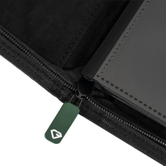 4-Pocket Card Binder Green zipper detail showcasing quality craftsmanship and ultra-clear compartments.