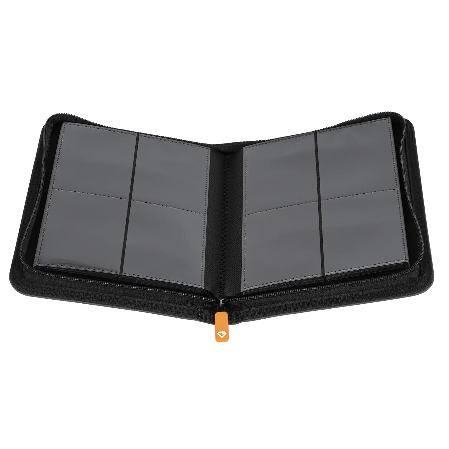 4-Pocket Card Binder Grey opened with clear compartments for storing trading cards.