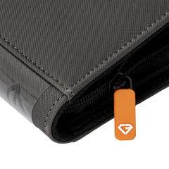 4-Pocket Card Binder Grey close-up showing durable surface, smooth zipper, and branding tag.