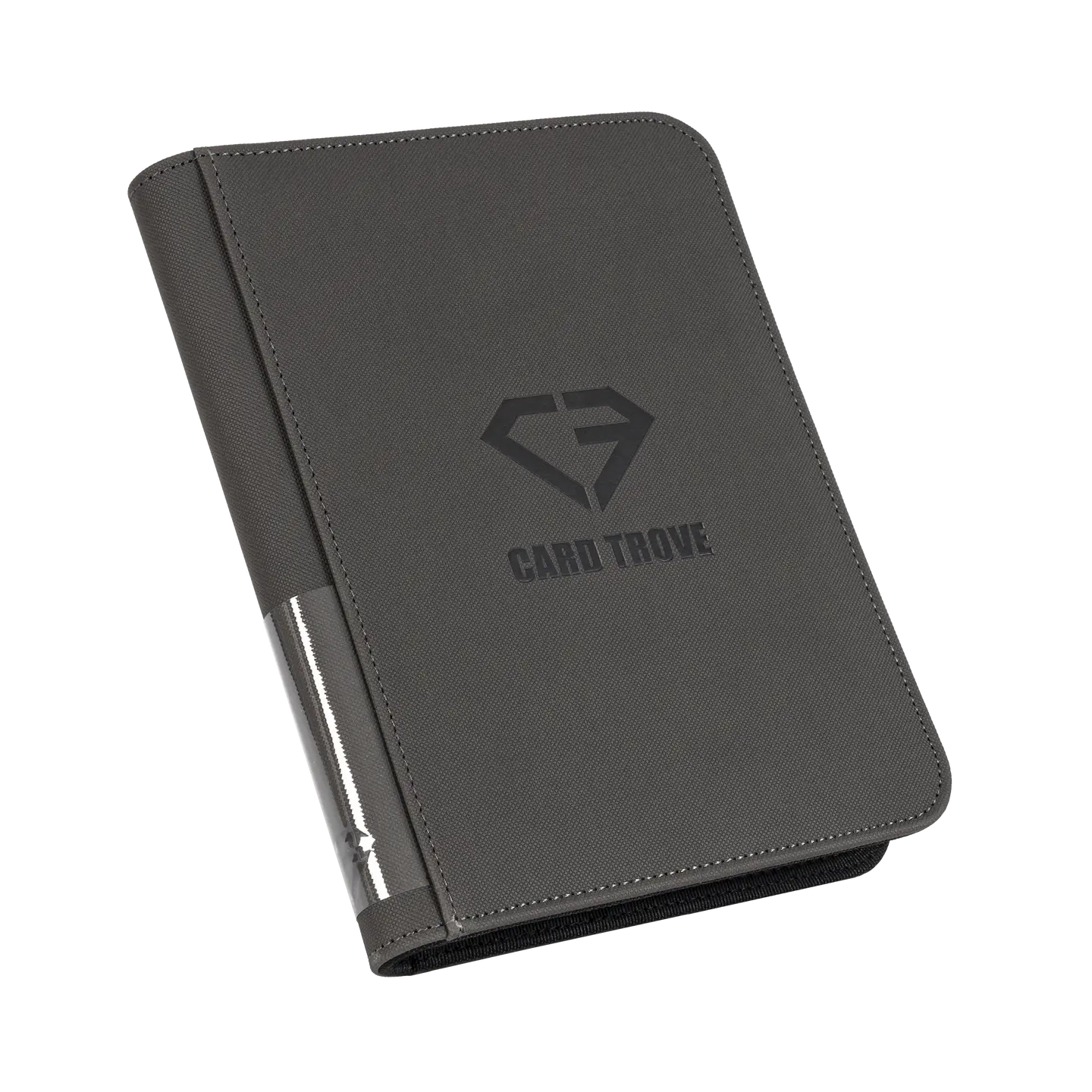 4-Pocket Card Binder Grey for organizing and protecting standard trading cards, splash resistant with zipper.