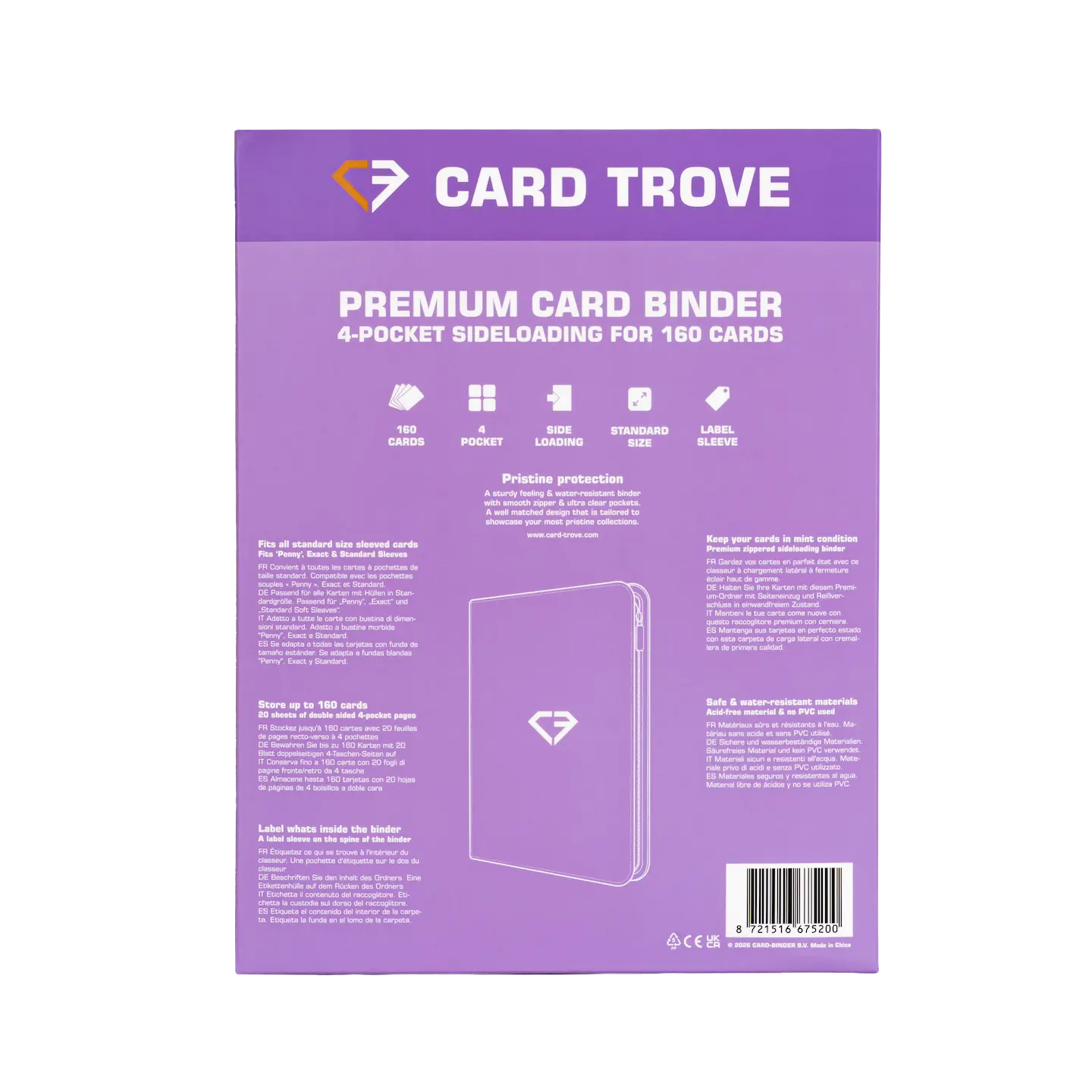 4-Pocket Card Binder Purple back view showcasing features for storing 160 trading cards.