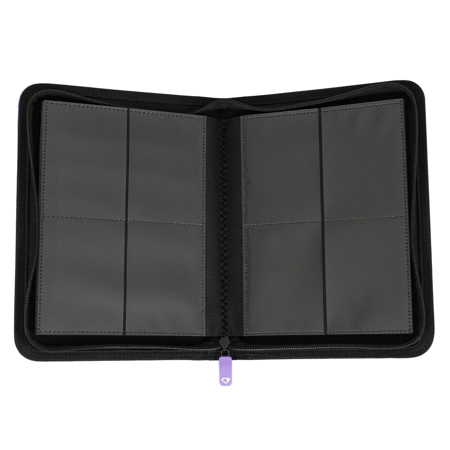 Interior view of the 4-Pocket Card Binder Purple showing the eight card slots and zipper.