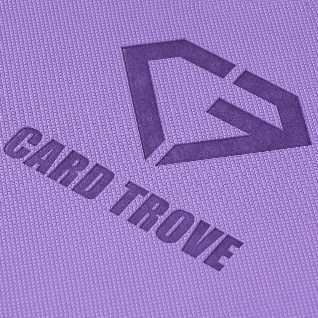 Close-up of the 4-Pocket Card Binder Purple featuring the embossed 'Card Trove' logo on a textured surface.