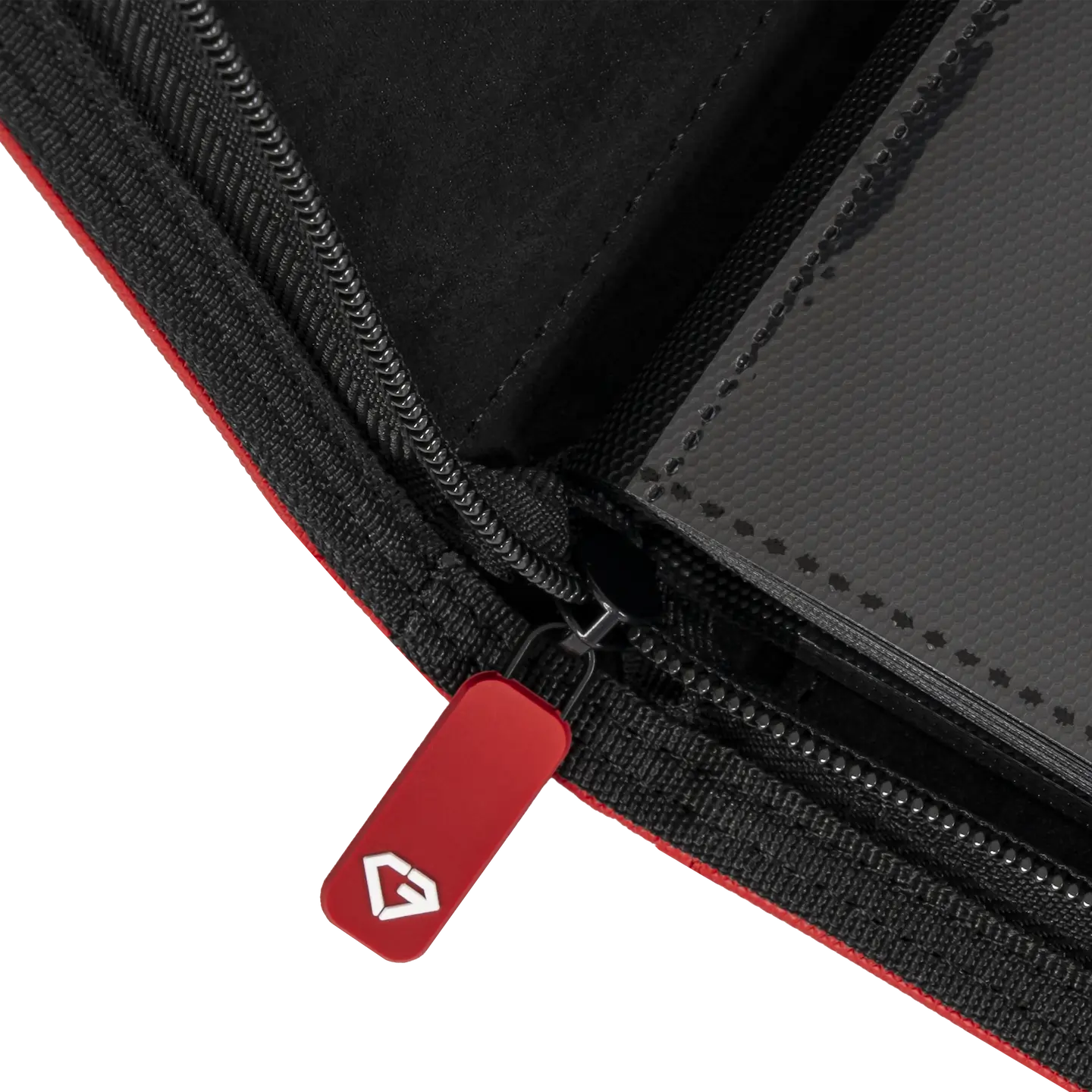 Detailed view of the smooth zipper on the 4-Pocket Card Binder Red, showcasing premium quality and secure closure.