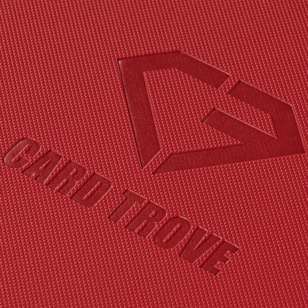 4-Pocket Card Binder Red close-up showing textured surface and logo.