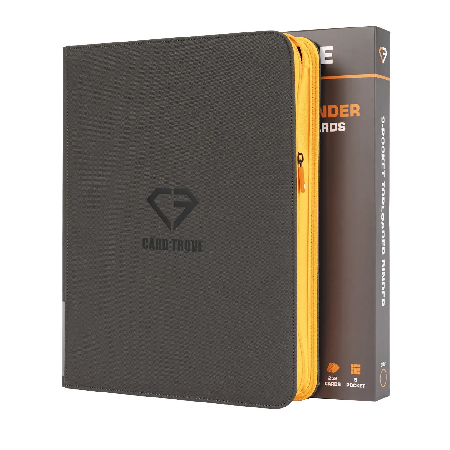 9-Pocket Toploader Card Binder - Trove Limited grey binder with zipper and packaging for trading cards.